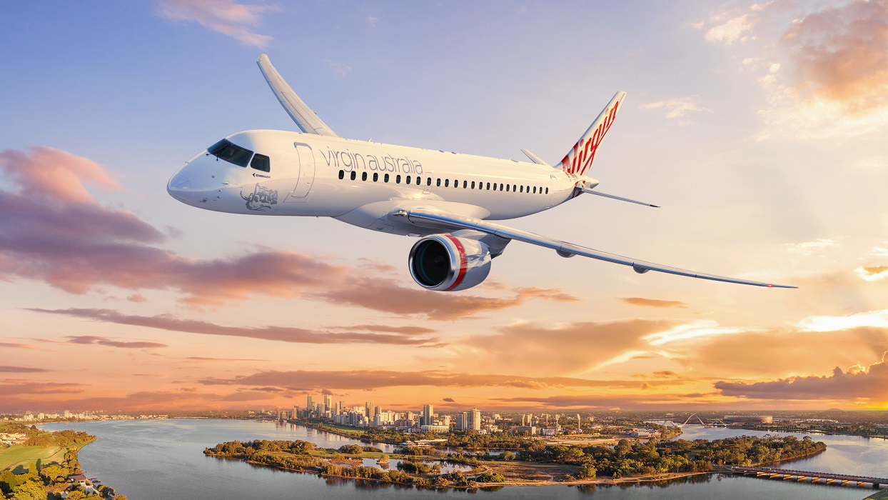 Aerial,Views,Over,The,Swan,River,With,The,Skyline,Of. Virgin Australia encomenda jatos da Embraer e promete cortar 30% das emissões